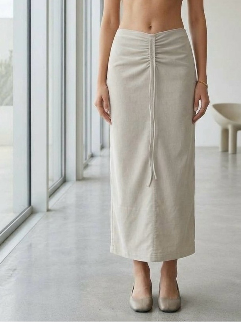 Women’s Cream Drawstring Midi Skirt